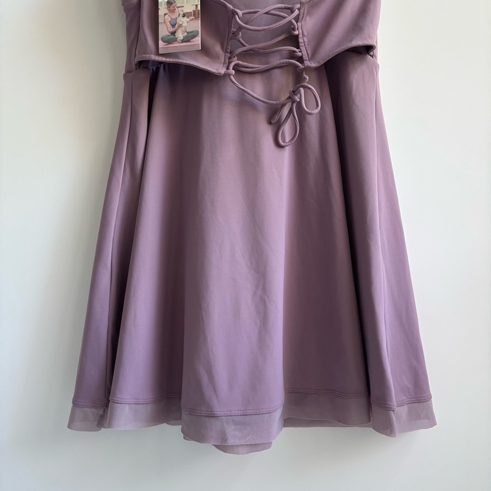 Halara Airy Softlyzero Ruffle Backless Lace Up Mesh Flare Mini Dress Elderberry - Picture 8 of 17
